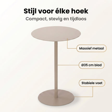 Cheqo® Bijzettafel - Rond - Metaal - Salontafel voor Woonkamer - Beige - Nachtkastje voor Slaapkamer - Benefit Map