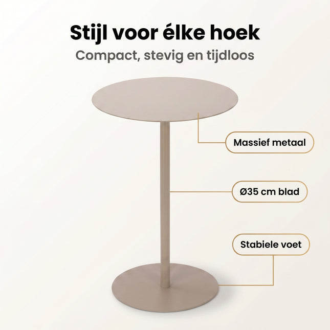 Cheqo® Bijzettafel - Rond - Metaal - Salontafel voor Woonkamer - Beige - Nachtkastje voor Slaapkamer - Benefit Map