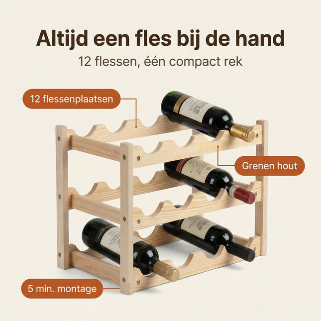 Cheqo® Wijnrek Hout voor 12 Flessen - Benefit Map