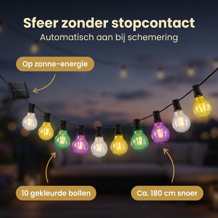 Cheqo® Solar Lichtslinger - Feestverlichting - Lichtsnoer Buiten met Gloeilampjes - Tuinverlichting - Buitenverlichting - Sfeerverlichting - Party Lights op Zonne-energie - Peertjes - Gekleurde LED Lampjes - Decoratieve Lichtslinger - Benefit Map