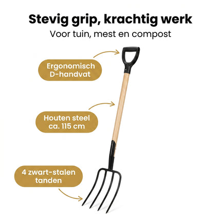 Cheqo® Hooivork - Tuinvork met Houten Steel - Tuingereedschap - Mestvork - Riek - Spitvork met D-greep - Compostvork - Grondvork - Zwart Staal - voor Tuin en Landbouw - Buitengereedschap voor Composthoop en Groenafval - Benefit Map