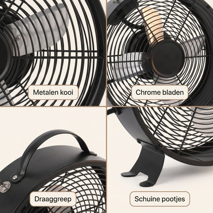 Cheqo® Tafelventilator Zwart Retro 26 cm - Detail Split