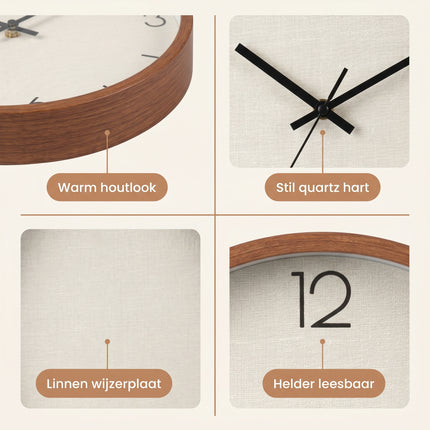 Cheqo® Wandklok - Analoge Klok - Muurklok - Stille Klok - Scandinavisch Design - Houtlook Rand - Wit Wijzerplaat - Detail Split