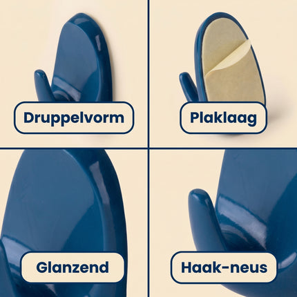 Cheqo® Theedoek Haken Set van 2 - Zelfklevend voor Keuken - Donkerblauw - Detail Split