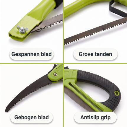 infographic-3: Cheqo takkenzaag set van 2 beugelzaag snoeizaag groen