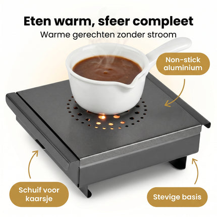 Cheqo® Warmhoudplaat met Waxinelichtjes - Rechaud - Schotelwarmer - Voedselwarmer voor Eten Warm Houden - Non-stick Aluminium - met Handgrepen - RVS Basis - Tafelwarmer - Warmhouder - Theelichtjes - Bordenwarmer - Kaarsjes - Richaud - Benefit Map