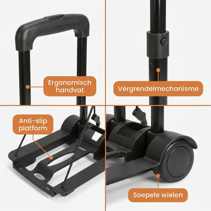 Cheqo® Opvouwbare Steekwagen - Transporttrolley - Inklapbare Steekwagen met Telescopisch Handvat - Detail Split