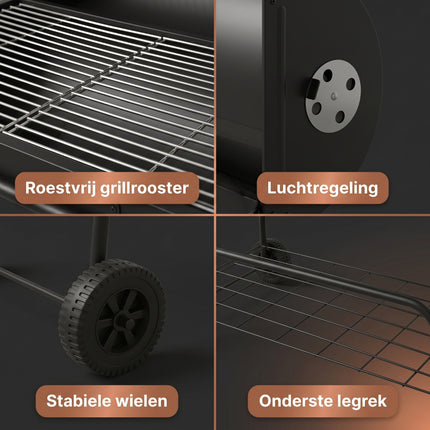 Cheqo® Houtskoolbarbecue Cilinder BBQ op Wielen - Detail Split