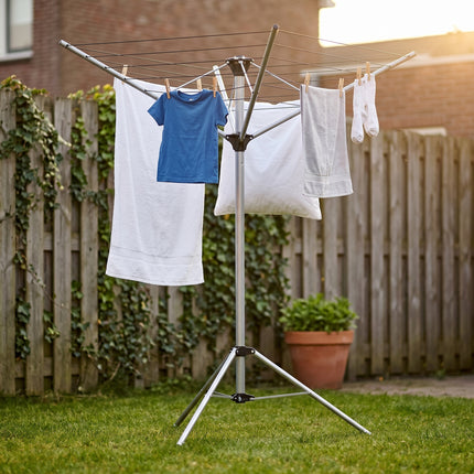Cheqo® Droogrek Inklapbaar - Droogmolen Staand - Wasrek met Statief - Wasdroogrek Opvouwbaar - 3 Armen - Voor Camping - Voor Binnen en Buiten - Met Voet - Ruimtebesparend - Voor Balkon - Draaibaar - Mobiel - Droogparasol - Kledingdroger