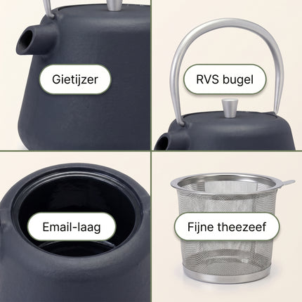 Cheqo® Theepot Gietijzer 1L Grijs - Detail Split