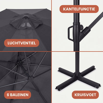 Cheqo® Zweefparasol Antraciet 300 cm - Detail Split