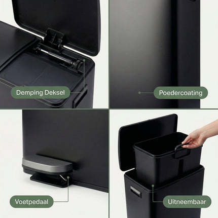 Cheqo Pedaalemmer Set van 2 - Duo Prullenbak 2x30L Mat Zwart - Detail Split