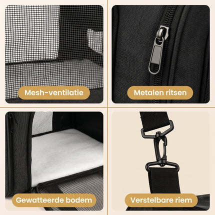 Cheqo® Draagtas Hond en Kat Zwart - Detail Split