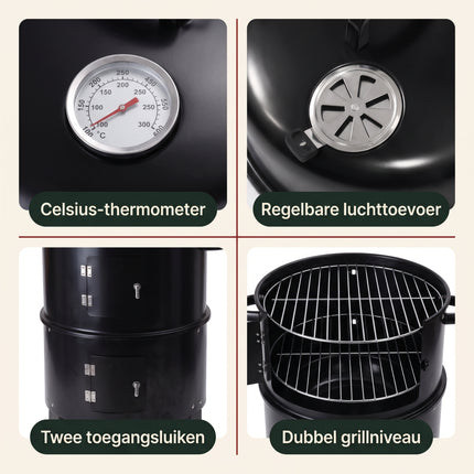 infographic-3: Cheqo houtskoolbarbecue smoker rookoven 3 in 1 zwart