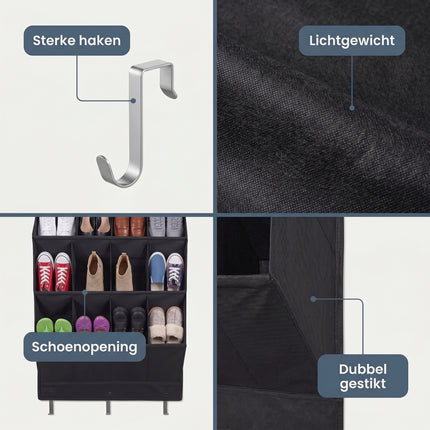 Cheqo® Schoenenorganizer Hangend voor aan de Deur - 12 vakken voor 6 paar schoenen - zwart - Detail Split