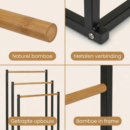 Cheqo® Handdoekrek Bamboe Zwart 45x23x85cm - Detail Split