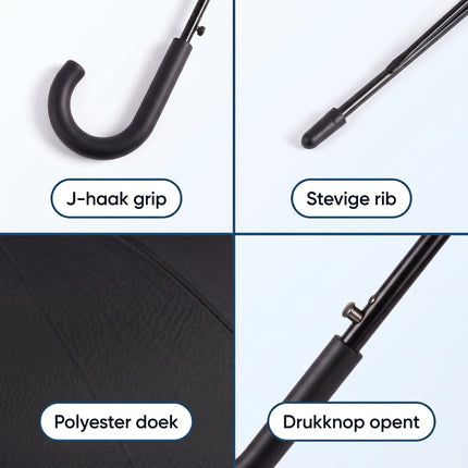 Cheqo® Paraplu Zwart - Stokparaplu - Windproof Stormparaplu - Detail Split