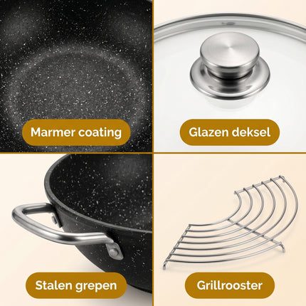 Cheqo® Wokpan Gietijzer met Glazen Deksel en Aromaknop - Detail Split