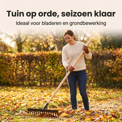Cheqo® Tuinhark - Hark met Houten Steel - Gazonhark voor Grond en Bladeren - Tuingereedschap - Bladerhark - Grondbewerking en Bodembewerking - Metalen Hark - Wieden en Bemesten - Gazon Onderhoud - Tuin Opruimen - Zwart - Lifestyle