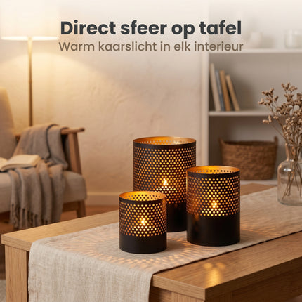 Cheqo Theelichthouders Set van 3 - Waxinelichthouders Zwart met Goud - Lifestyle