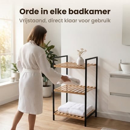Cheqo® Handdoekenrek 3 Etages Bamboe Metaal Zwart - Lifestyle