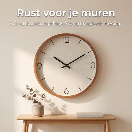 Cheqo® Wandklok - Analoge Klok - Muurklok - Stille Klok - Scandinavisch Design - Houtlook Rand - Wit Wijzerplaat - Lifestyle
