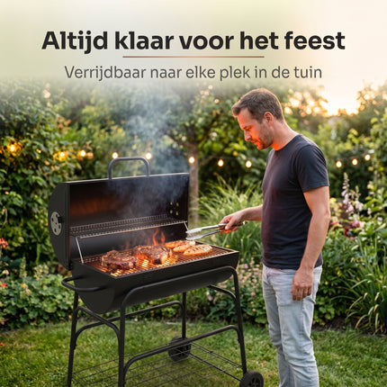 Cheqo® Houtskoolbarbecue Cilinder BBQ op Wielen - Lifestyle