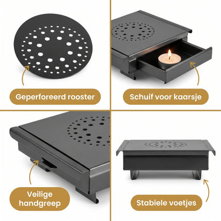 Cheqo® Warmhoudplaat met Waxinelichtjes - Rechaud - Schotelwarmer - Voedselwarmer voor Eten Warm Houden - Non-stick Aluminium - met Handgrepen - RVS Basis - Tafelwarmer - Warmhouder - Theelichtjes - Bordenwarmer - Kaarsjes - Richaud - Detail Split