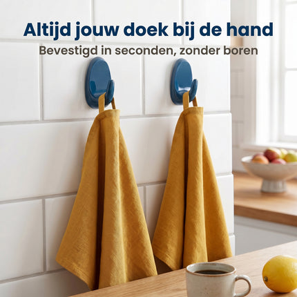Cheqo® Theedoek Haken Set van 2 - Zelfklevend voor Keuken - Donkerblauw - Lifestyle