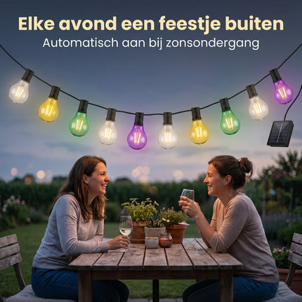 Cheqo® Solar Lichtslinger - Feestverlichting - Lichtsnoer Buiten met Gloeilampjes - Tuinverlichting - Buitenverlichting - Sfeerverlichting - Party Lights op Zonne-energie - Peertjes - Gekleurde LED Lampjes - Decoratieve Lichtslinger - Lifestyle