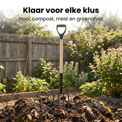 Cheqo® Hooivork - Tuinvork met Houten Steel - Tuingereedschap - Mestvork - Riek - Spitvork met D-greep - Compostvork - Grondvork - Zwart Staal - voor Tuin en Landbouw - Buitengereedschap voor Composthoop en Groenafval - Lifestyle
