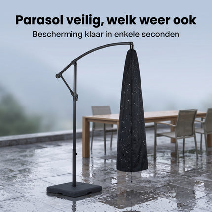 Cheqo® Zweefparasolhoes - Beschermhoes Zweefparasol - Waterdichte Parasolhoes met Rits en Trekkoord - Afdekhoes voor Boogparasol en Staande Parasol - Tuinparasol Hoes - Weerbestendig en Zonwerend - Zwart - Lifestyle
