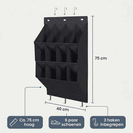 Cheqo® Schoenenorganizer Hangend voor aan de Deur - 12 vakken voor 6 paar schoenen - zwart - Specs