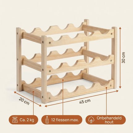 Cheqo® Wijnrek Hout voor 12 Flessen - Specs