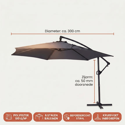 Cheqo® Zweefparasol Antraciet 300 cm - Specs