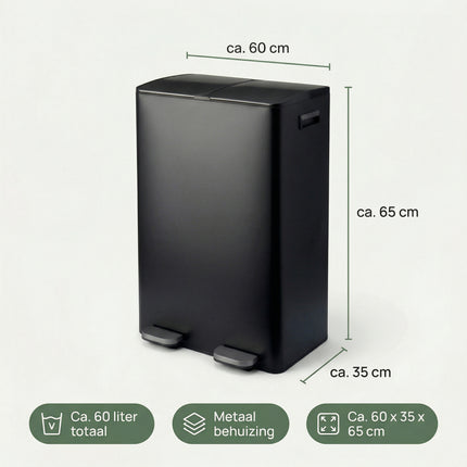 Cheqo Pedaalemmer Set van 2 - Duo Prullenbak 2x30L Mat Zwart - Specs