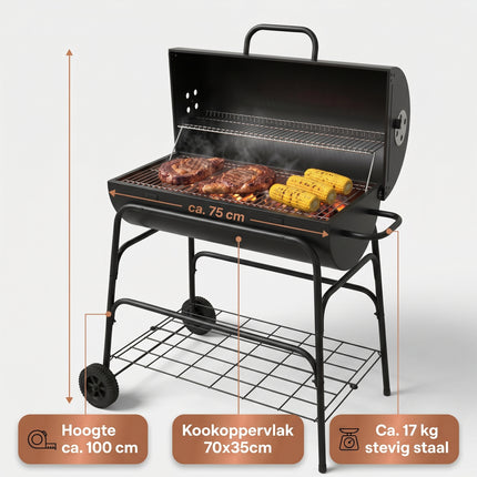Cheqo® Houtskoolbarbecue Cilinder BBQ op Wielen - Specs