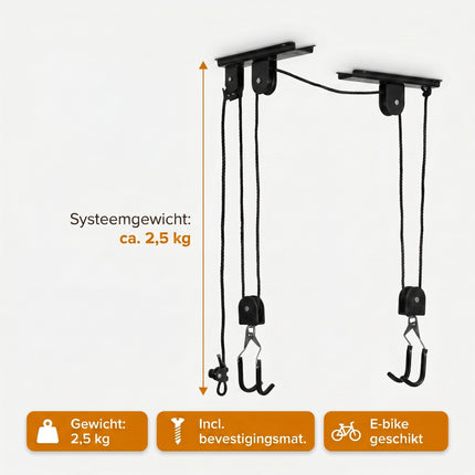 Cheqo® Fietslift Fiets Ophangsysteem voor Plafond - Specs