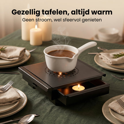 Cheqo® Warmhoudplaat met Waxinelichtjes - Rechaud - Schotelwarmer - Voedselwarmer voor Eten Warm Houden - Non-stick Aluminium - met Handgrepen - RVS Basis - Tafelwarmer - Warmhouder - Theelichtjes - Bordenwarmer - Kaarsjes - Richaud - Lifestyle