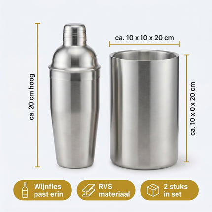 Cheqo® Cocktailshaker Set van 2 - Wijnkoeler en Cocktail Set - Specs