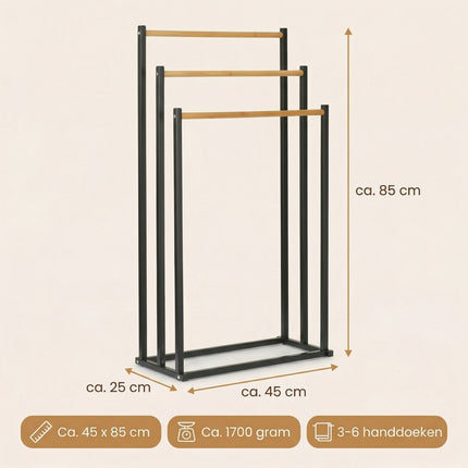 Cheqo® Handdoekrek Bamboe Zwart 45x23x85cm - Specs