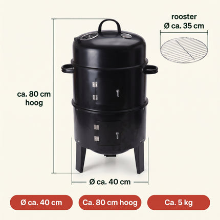 infographic-5: Cheqo houtskoolbarbecue smoker rookoven 3 in 1 zwart