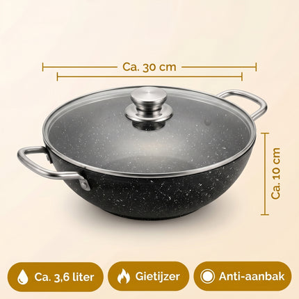 Cheqo® Wokpan Gietijzer met Glazen Deksel en Aromaknop - Specs