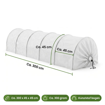 Cheqo® Kweektunnel Fleece - Plantentunnel - Tuintunnel - Groeitunnel met Bogen - Vliesdoek voor Moestuin - Plantbeschermingstunnel - Vorstbescherming - Winterbescherming - Gewasbescherming - Tunnelkas - Kweekkas Tunnel voor Tuin - Specs