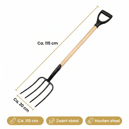 Cheqo® Hooivork - Tuinvork met Houten Steel - Tuingereedschap - Mestvork - Riek - Spitvork met D-greep - Compostvork - Grondvork - Zwart Staal - voor Tuin en Landbouw - Buitengereedschap voor Composthoop en Groenafval - Specs