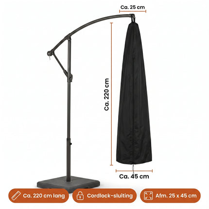 Cheqo® Zweefparasolhoes - Beschermhoes Zweefparasol - Waterdichte Parasolhoes met Rits en Trekkoord - Afdekhoes voor Boogparasol en Staande Parasol - Tuinparasol Hoes - Weerbestendig en Zonwerend - Zwart - Specs