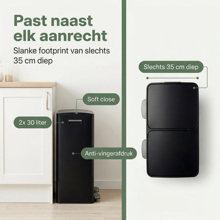 Cheqo Pedaalemmer Set van 2 - Duo Prullenbak 2x30L Mat Zwart - Bezwaarkiller
