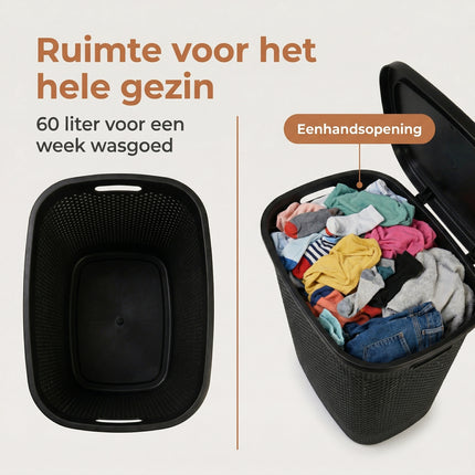 Cheqo Wasmand met Deksel 60L Zwart - Bezwaarkiller