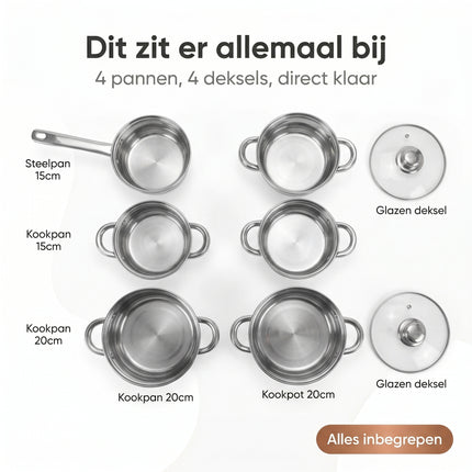 Cheqo Pannenset Set van 8 RVS Kookpannenset - Bezwaarkiller
