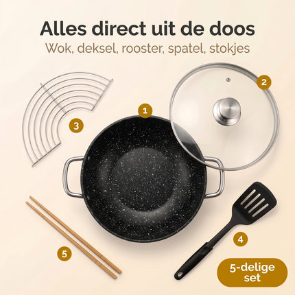 Cheqo® Wokpan Gietijzer met Glazen Deksel en Aromaknop - Bezwaarkiller